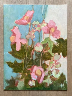 Notes on a Garden. Floral still life, modern oil painting, blue, pink, realism