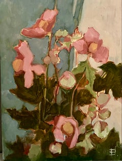 Notes on a Garden. Floral still life, modern oil painting, blue, pink, realism