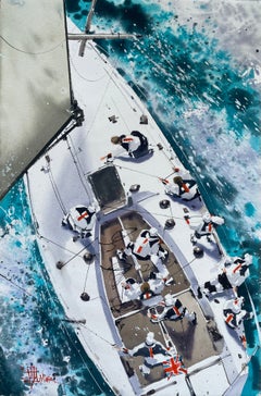 Fair wind. Watercolor. Yacht. Sea. Sails. Teamwork.