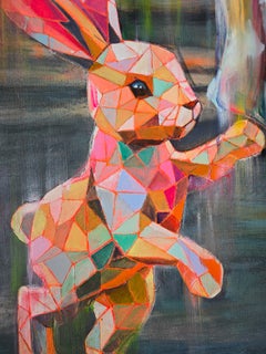 Mädchen mit geometrischem Kaninchen. Originelle zeitgenössische figurative Öl- und Acrylmalerei