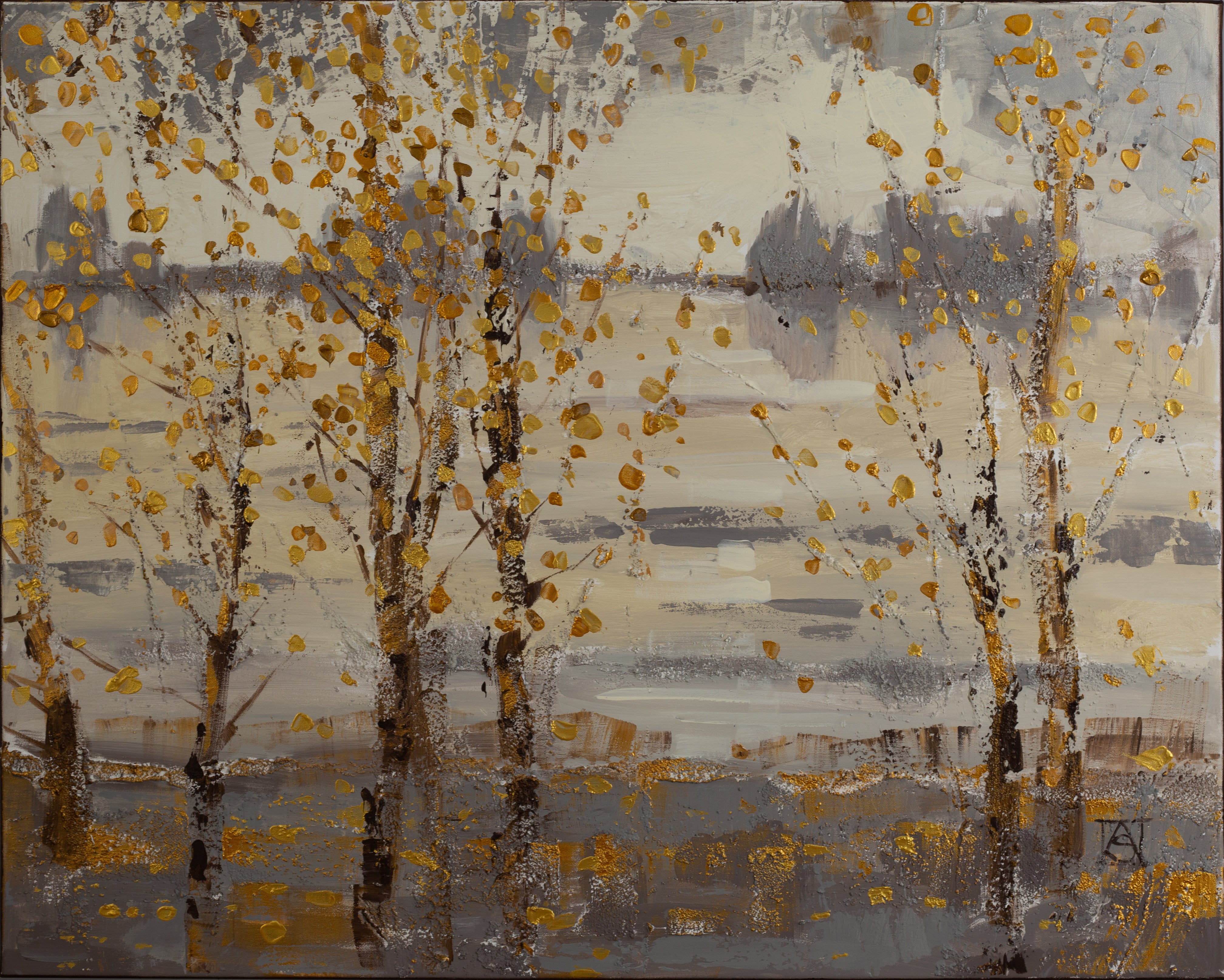 Anna Shesterikova Interior Painting - Golden Drops. A large-scale canvas with textured effects. Mixed media