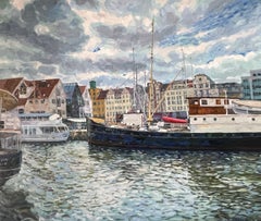 At the Bergen pier. Original landscape painting . X-Large Impressionism .