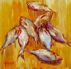 Winter Catch. Large Square Fish Still Life, Contemporary Oil Painting