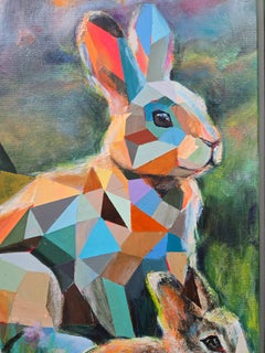 Rabbit Family Diptych. Original Contemporary Figurative Oil and Acrylic Painting