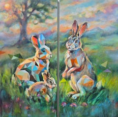 Rabbit Family Diptych. Original Contemporary Figurative Oil and Acrylic Painting