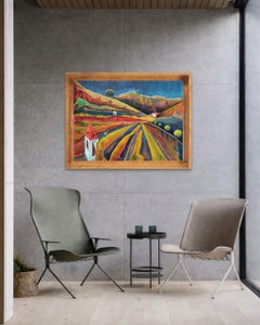 Eclipse solar. Pintura de interiores, naranja y azul, horizontal, tamaño mediano, futurismo
