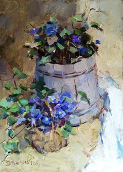 Spring Flowers. Floral Still Life, Blue Flowers, Impressionist Oil Painting
