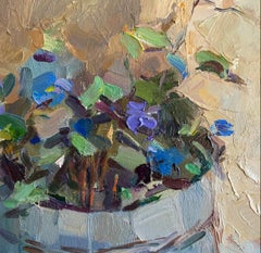 Spring Flowers. Floral Still Life, Blue Flowers, Impressionist Oil Painting