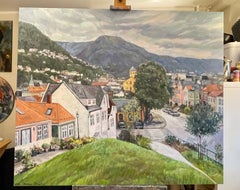 Old Bergen. Large cityscape painting. Impressionism . Oil on canvas . Impasto