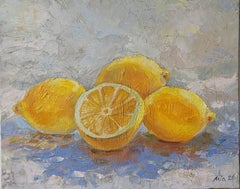 Sunny Burst. Still life, Oil, canvas, Yellow, Blue, Lemon Fruits