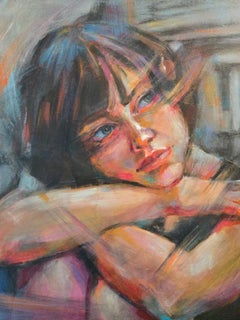 Girl with Pink Rabbit – Contemporary Modern Figurative Acrylic Painting