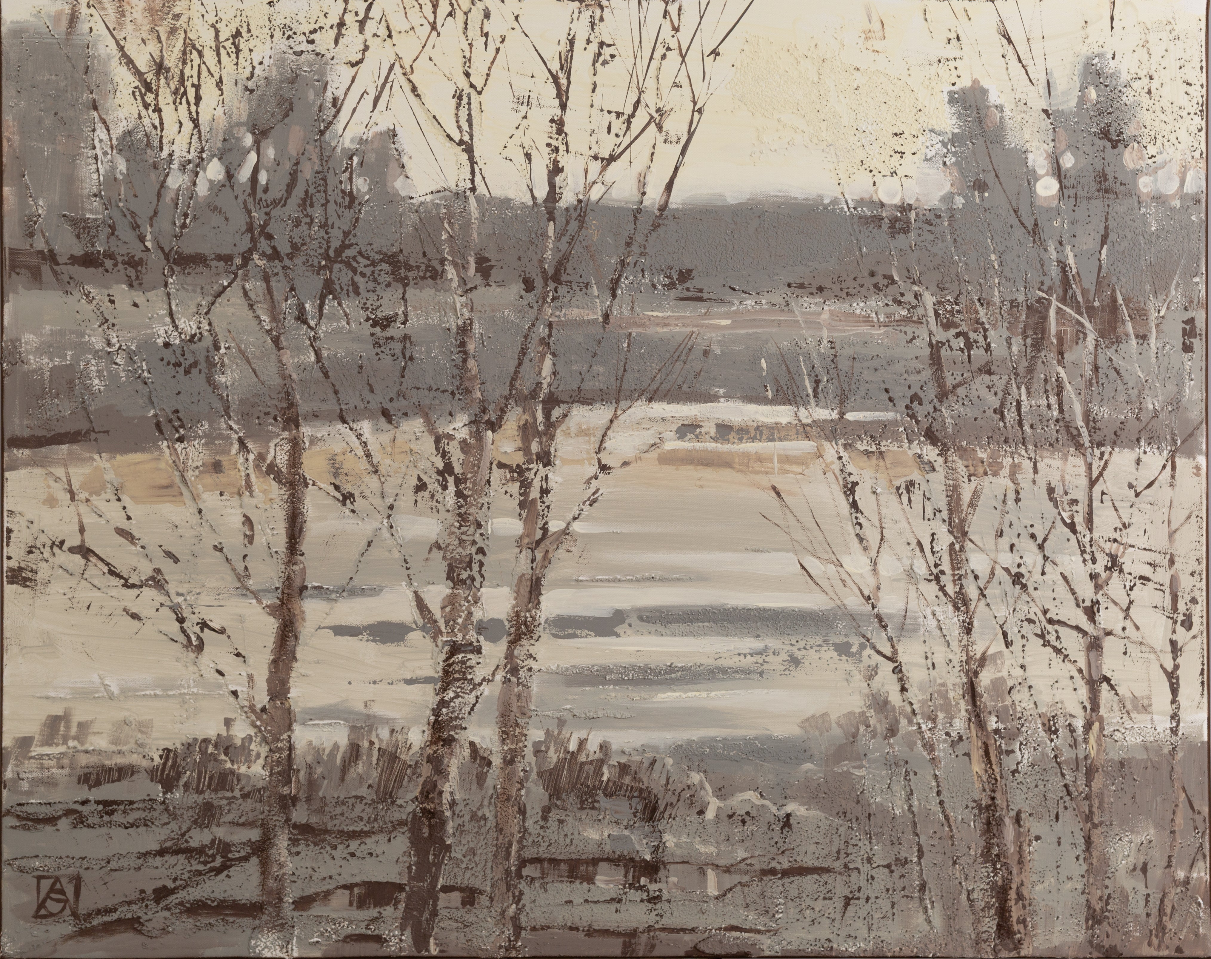 Anna Shesterikova Abstract Painting - Silvery Peace. Textured abstract landscape art, contemporary painting