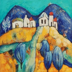 Bright day. blue, small, landscape, sunny, light, bright, framed, happy