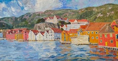 Bergen. Case sull'acqua. Dipinto originale di un paesaggio urbano. Colori vivaci