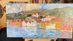 Bergen. Case sull'acqua. Dipinto originale di un paesaggio urbano. Colori vivaci