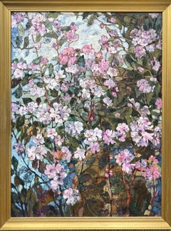 Flowering. Original large floral painting Vertical Old frame Impsto