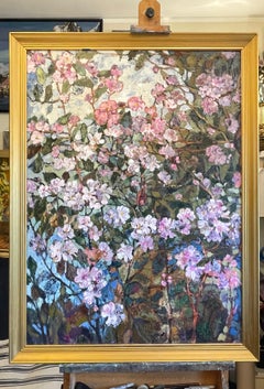 Flowering. Original large floral painting Vertical Old frame Impsto