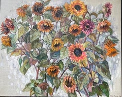 Los girasoles de Trondheim. Pintura floral original. Grande. Óleo sobre lienzo. Enmarcado.
