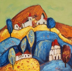 Les collines bleues. Petit, encadré, lumineux, moderne, ambiance joyeuse, format cadeau, jaune, bleu