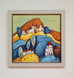 Les collines bleues. Petit, encadré, lumineux, moderne, ambiance joyeuse, format cadeau, jaune, bleu