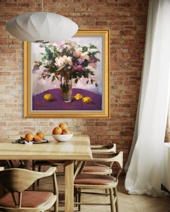 Lilacs and Lemons. Large Square Floral Still Life, Impressionist Oil Painting