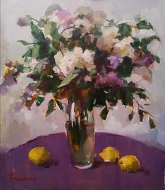 Lilacs and Lemons. Large Square Floral Still Life, Impressionist Oil Painting