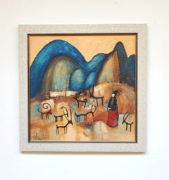 Ancient times. History, rock art, petroglyphs, historic, framed, landscape, hunt