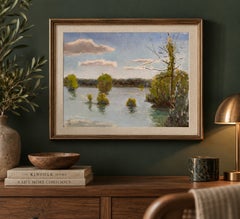 Una tarde en Weitmannsee. Pintura al óleo de un paisaje acuático, lago azul, arte tradicional