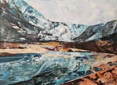 Mountain Serenity. Abstract mountain landscape, Arctic art, blue painting