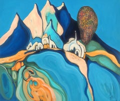 La montaña azul. Paisaje, paz, colinas, moderno, tranquilo, asiático, turquesa
