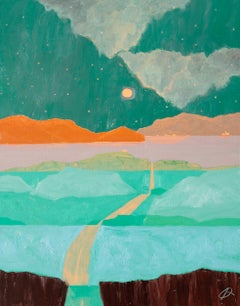 Moon Bay - Colourful Blue + Orange Contemporary Oil Painting