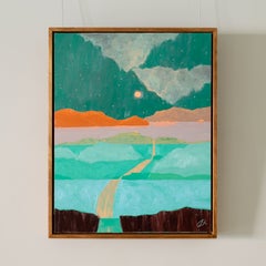 Moon Bay - Colourful Blue + Orange Contemporary Oil Painting