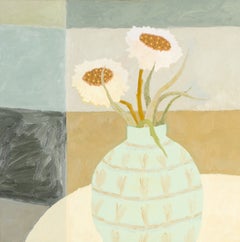 Green Vase II - Modern Still Life Oil Painting with Flowers, White + Yellow