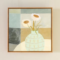 Vaso verde II - Dipinto a olio moderno di natura morta con fiori, bianco + giallo