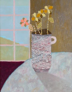 Still Life, Optical Vase - Modern Still Life Oil Painting with Flowers + Window