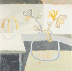 Grey Vase - Modern Minimalist Flower Still Life Oil Painting in Grey and White