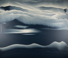 Glimmer - Pintura acrílica abstracta de un paisaje azul y blanco, con montañas y nubes