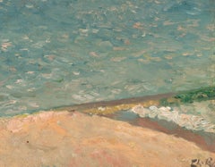 Beach Scene - Modern British Seascape Landscape Oil Painting with Blue Ocean