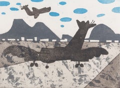 Runway – Moderner britischer Druck aus dem 20. Jahrhundert mit Flugzeugen von Julian Trevelyan