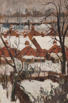Frühlingsschnee – Modernes britisches Winterlandschaftsgemälde in Öl mit Häusern und Schnee