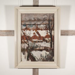 Frühlingsschnee – Modernes britisches Winterlandschaftsgemälde in Öl mit Häusern und Schnee