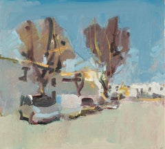 Parking, Ars Île-de-Ré - Contemporary Blue Landscape Oil Painting, Trees + Cars