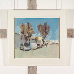 Parking, Ars Île-de-Ré - Contemporary Blue Landscape Oil Painting, Trees + Cars