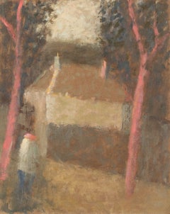 Figura de paso en Ceret - Pintura al óleo contemporánea de un paisaje en tonos marrones y rosas