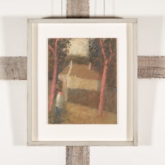 Figura de paso en Ceret - Pintura al óleo contemporánea de un paisaje en tonos marrones y rosas