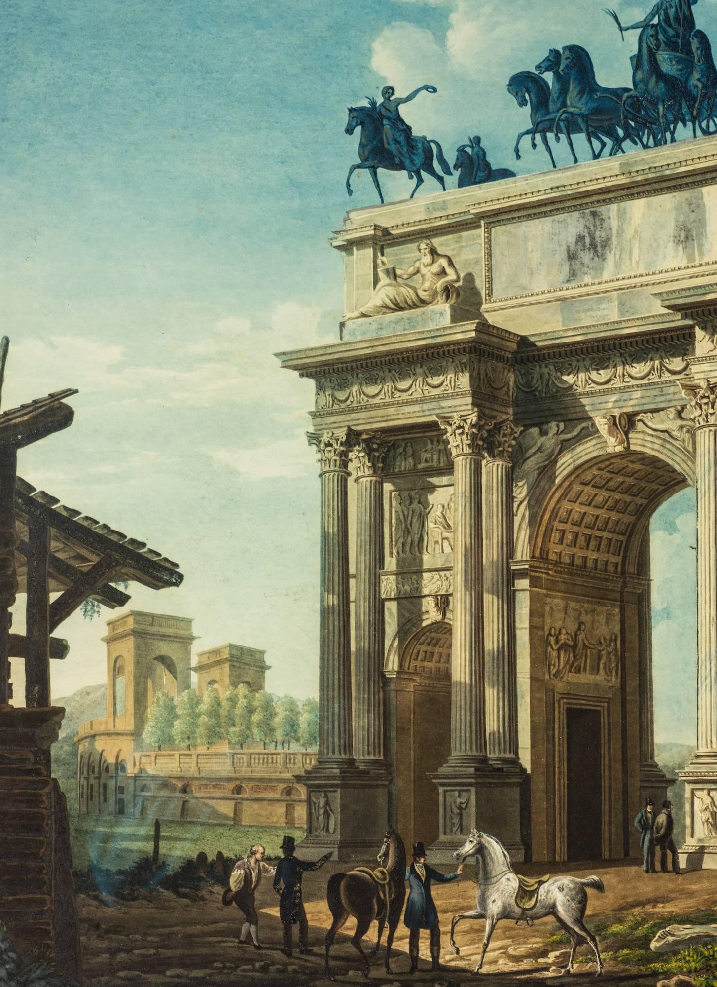 Giovanni Migliara (Alessandria 1785 - 1837 Milan)
Arco della Pace, Milan - Engraving with contemporary coloring
38 x 48 cm., 15 x 19 in.

Originally employed by a Turin cabinetmaker, Migliara moved to Rome and enrolled in the Brera Academy of