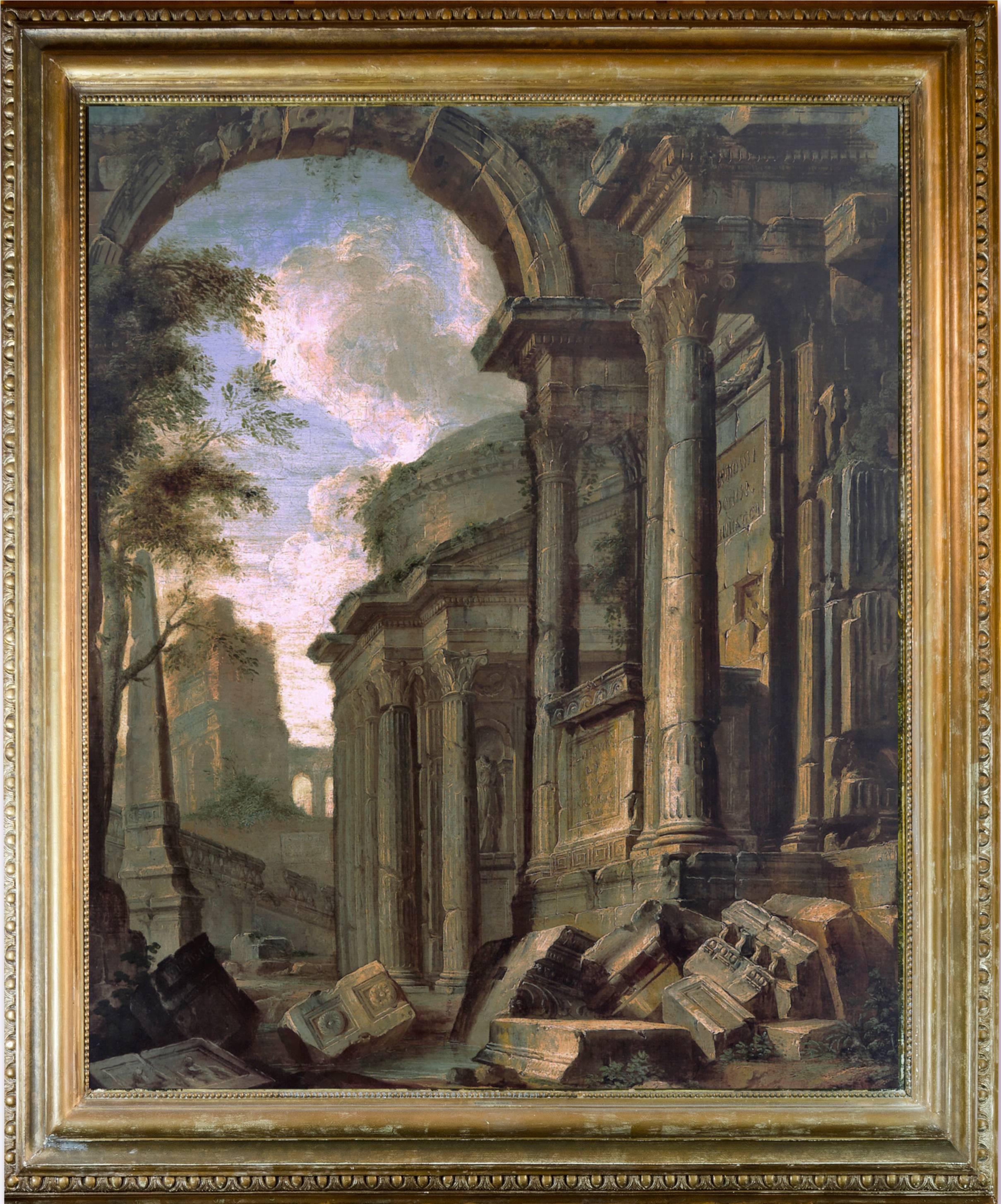 Capriccio View of Classical Ruins - Painting by Giovanni Paolo Panini