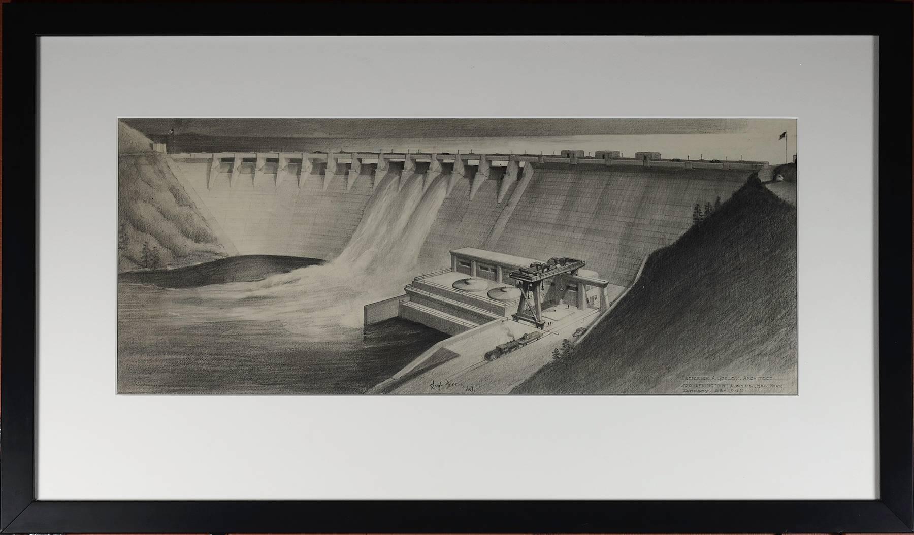Original Architectural Illustration of a Dam by Hugh Ferriss, 1942 1