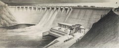 Original Architectural Illustration of a Dam by Hugh Ferriss, 1942