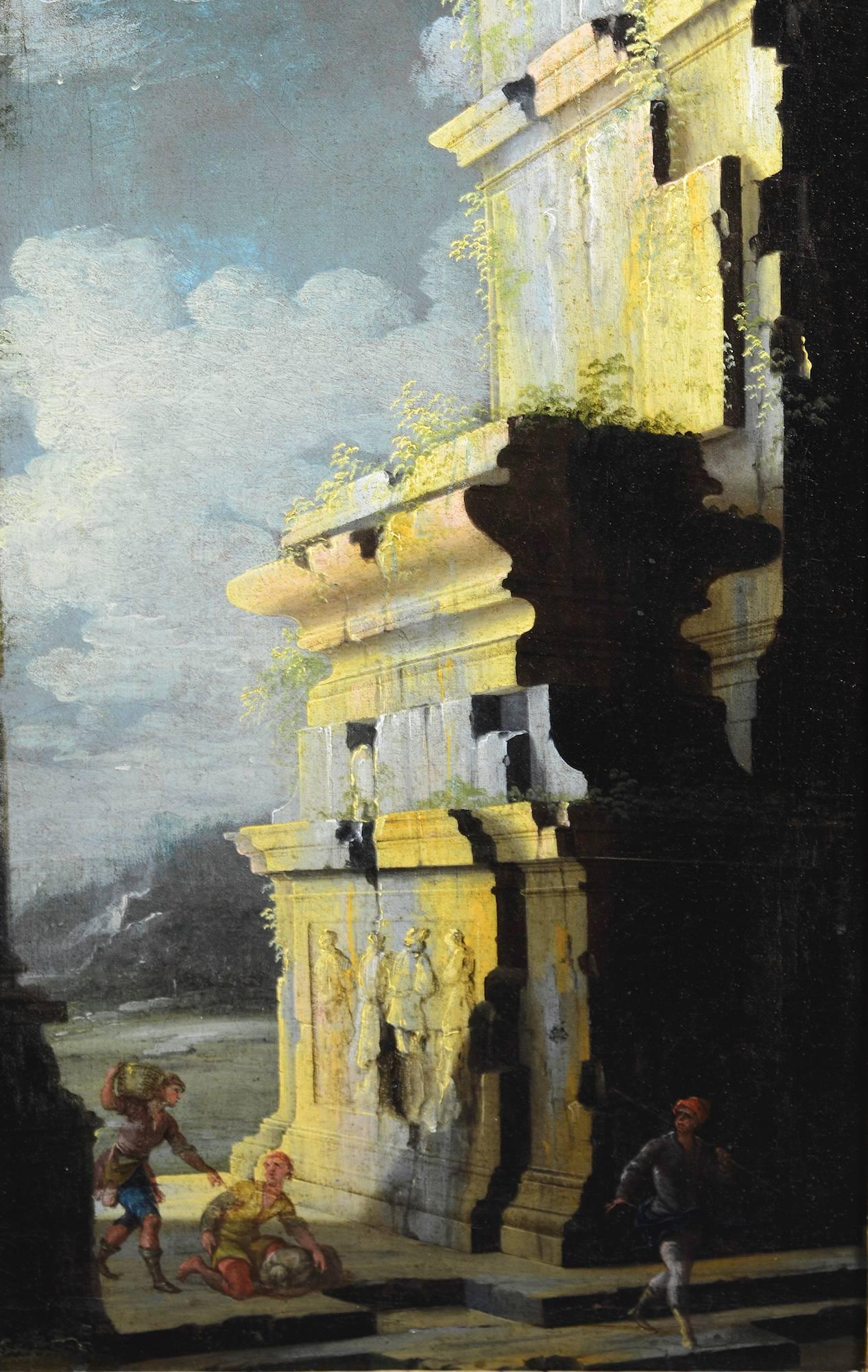 Leonardo Coccorante
Naples 1680 - 1750
Pair of Architectural Capricci with Classical Ruins by the Sea
72 x 48 cm., oil on canvas

Art historian David Marshall has written that 17th century Naples produced two singularly talented painters, the